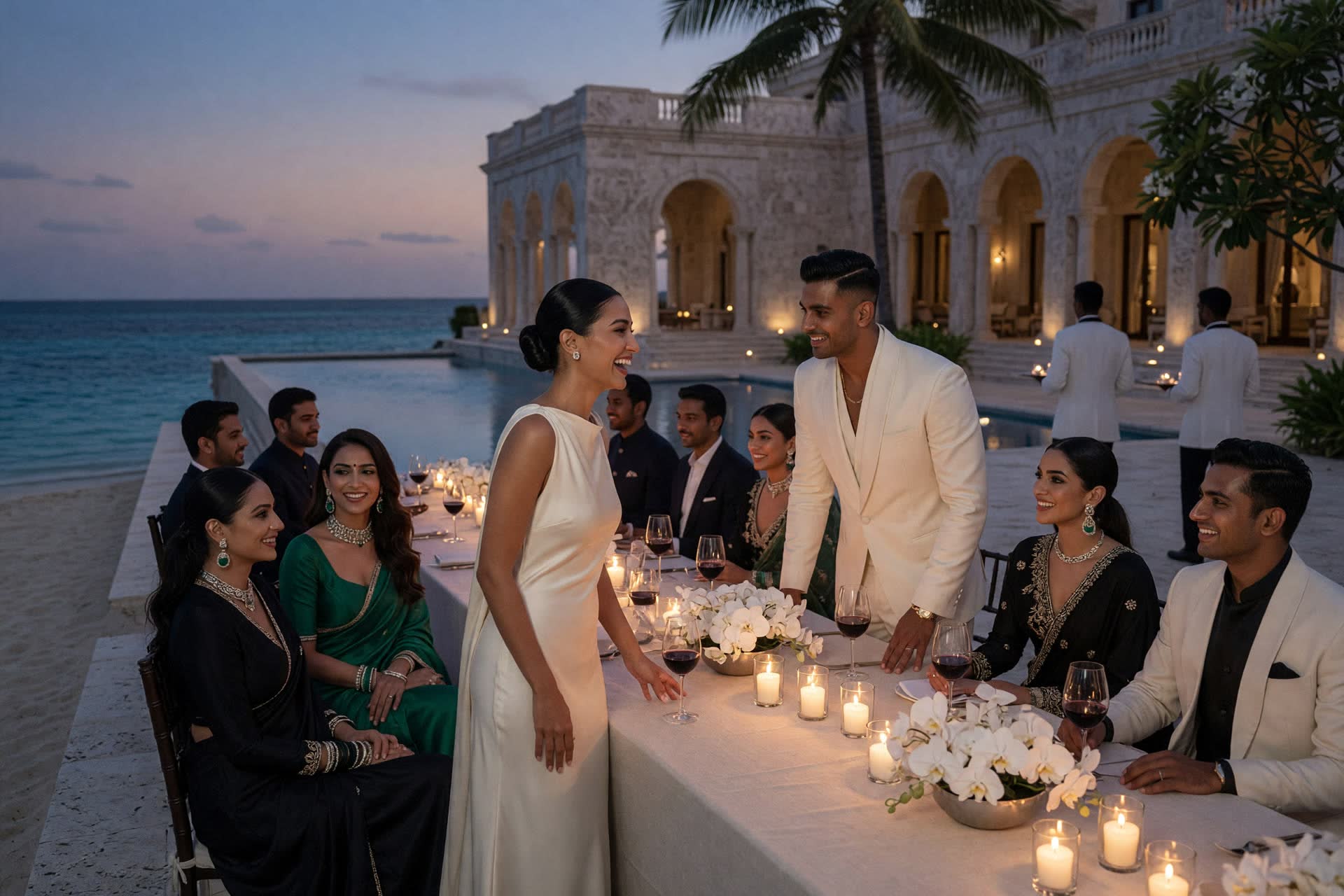 An ultra-wealthy Indian party at dusk on the terrace of a private beach villa, couture, candlelight, the sea beyond a pale stone colonnade.
