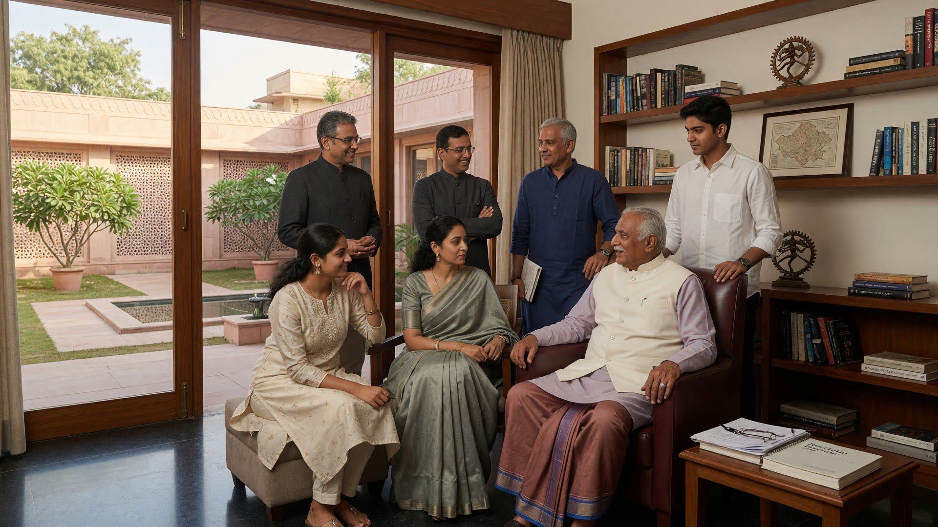 Three generations of an Indian family in a private library opening to a courtyard, afternoon light, a conversation in progress.