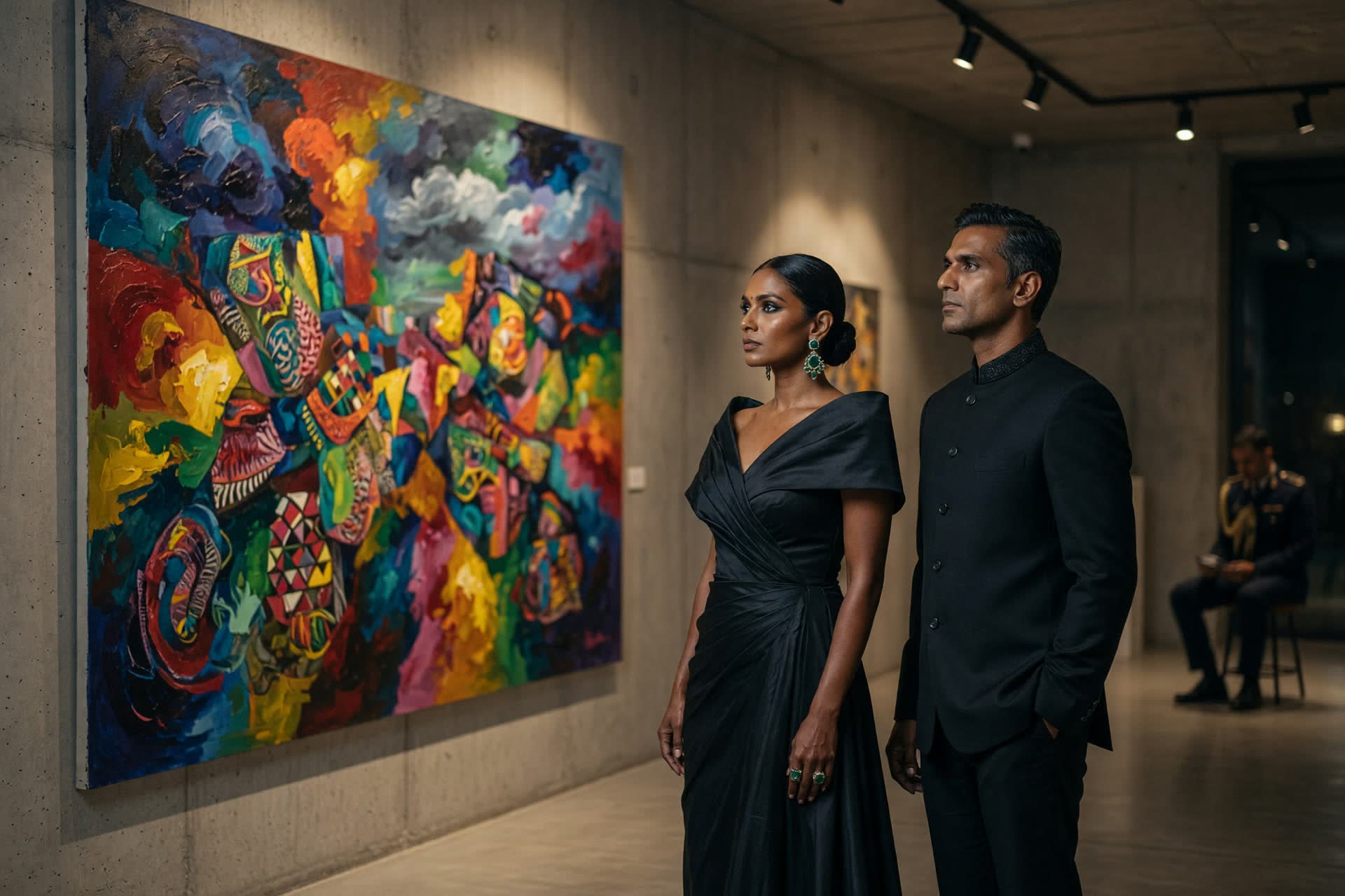 An Indian couple in evening clothes in a private gallery, looking at a monumental painting.