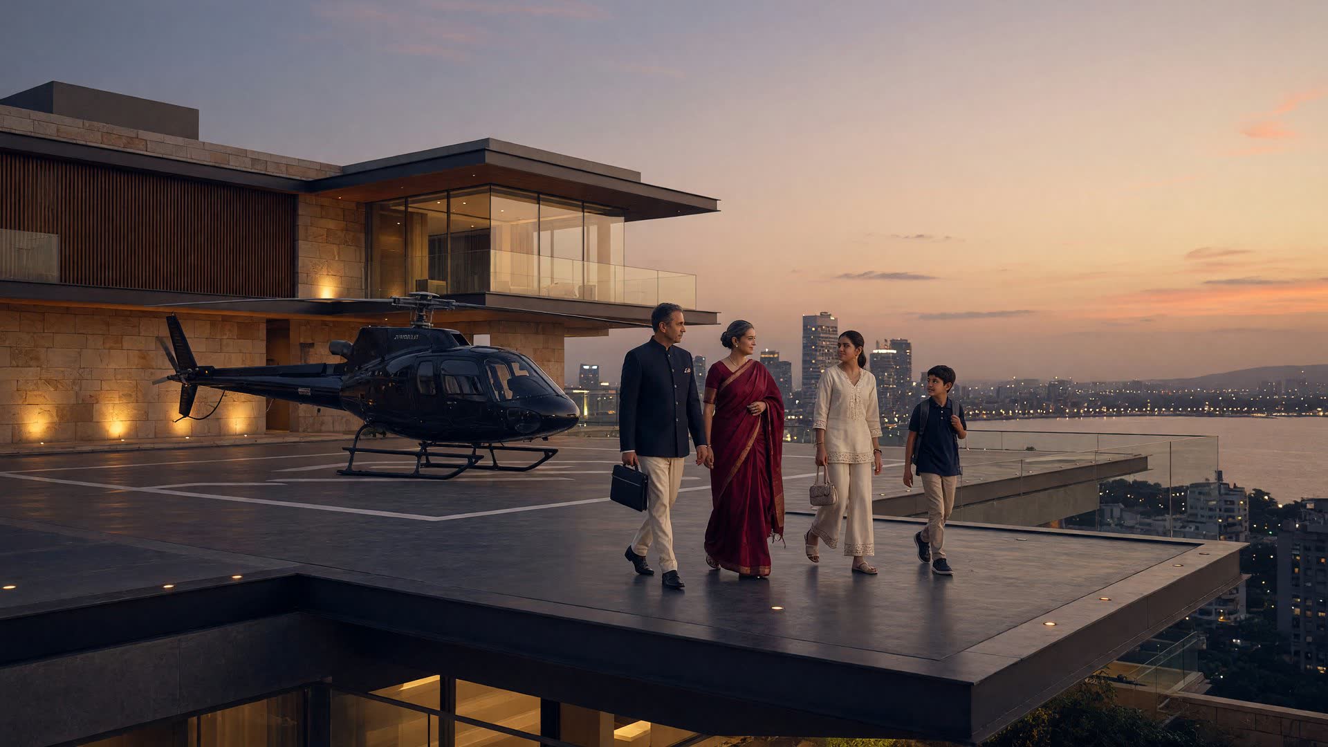 A sophisticated Indian family on the rooftop of a contemporary residence at golden hour, a helicopter quiet in the distance.
