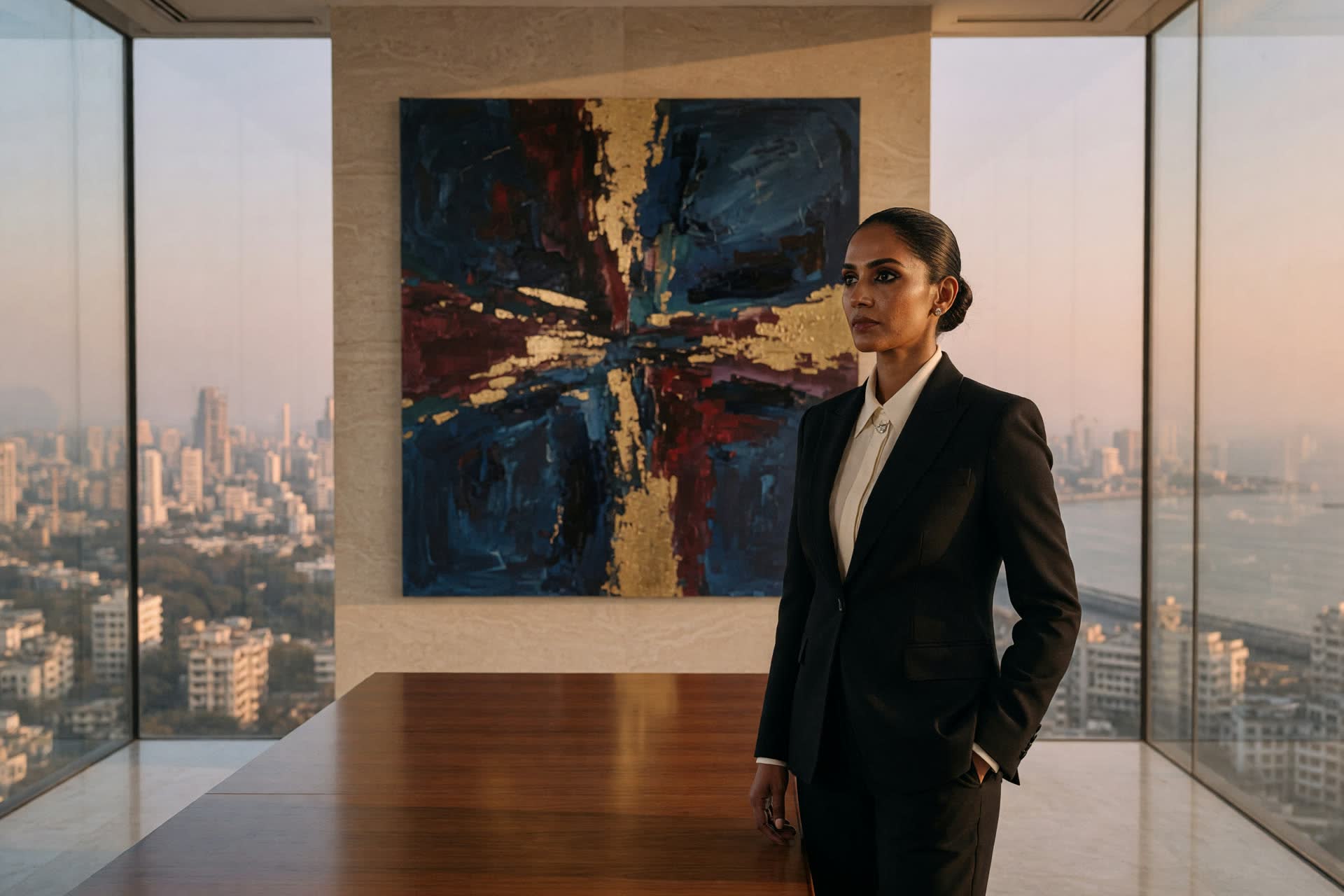 An Indian principal in a black suit in a double-height glass office above a city, a large painting behind her, the sea beyond.