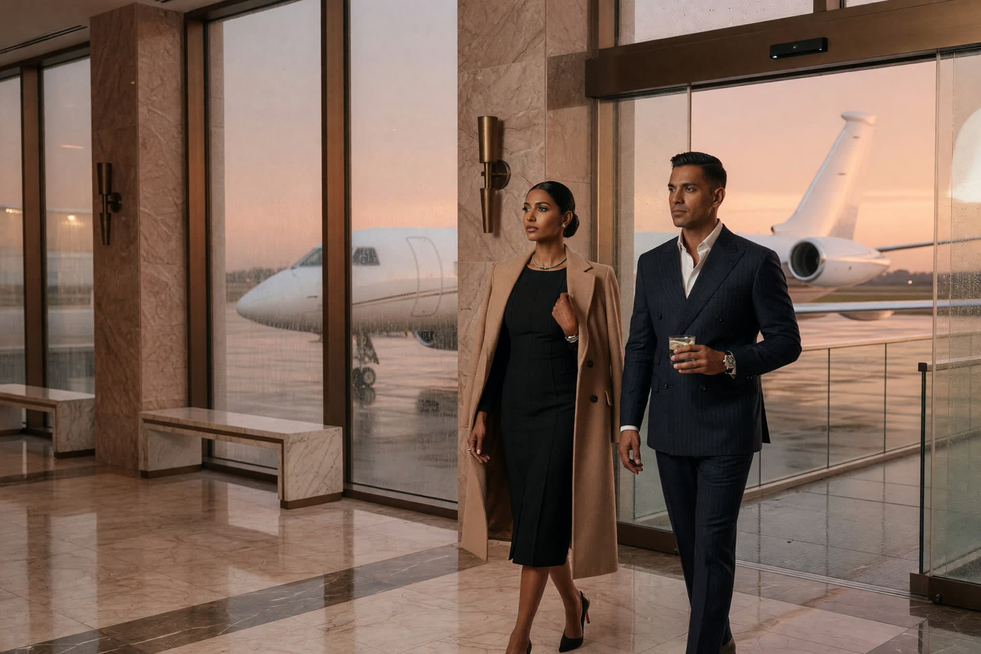 An Indian couple in couture walking through a marble private terminal at sunrise, a blank-tail long-range jet beyond the glass.