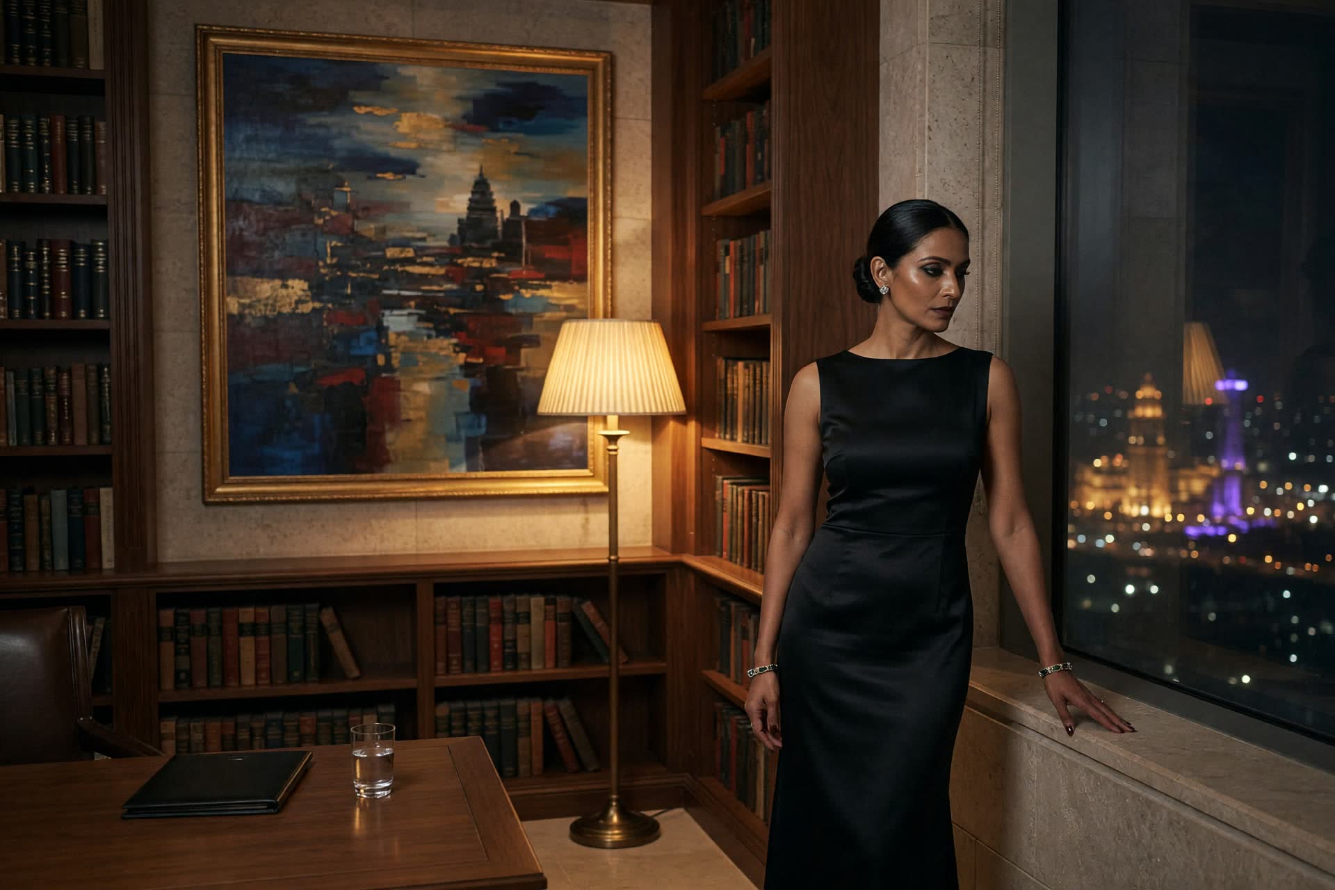 An Indian woman in a black column gown standing in a vast private library at night, city lights beyond the glass, composed.
