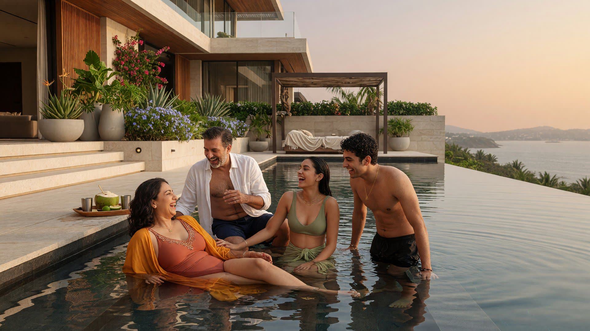 An affluent Indian family at a private infinity pool of a contemporary residence, late-afternoon light, an open horizon.