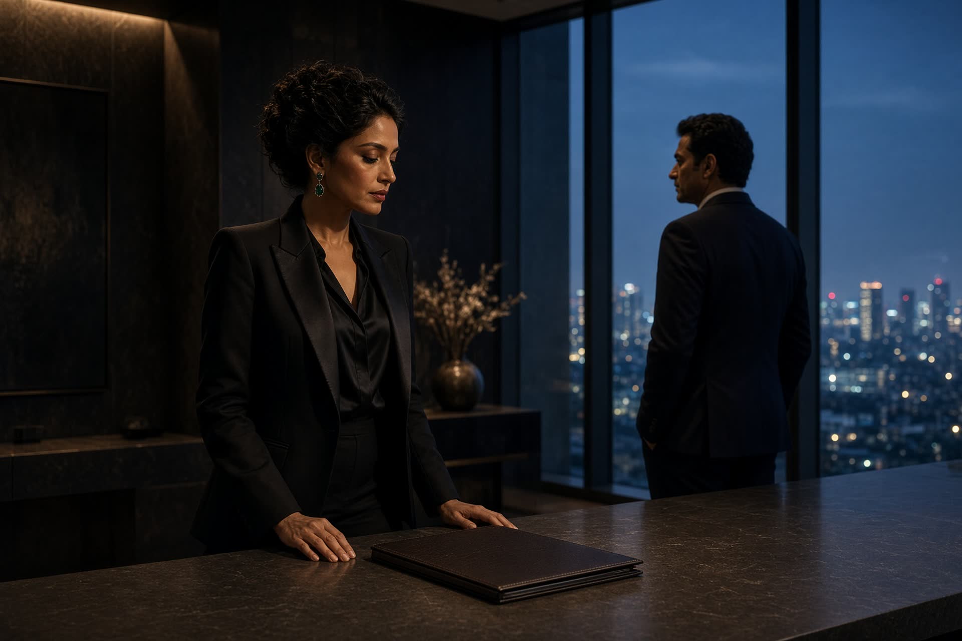 An Indian founder in a black couture suit in a private study at blue hour, a closed folder on the table, a man in a midnight suit at the glass, city beyond.