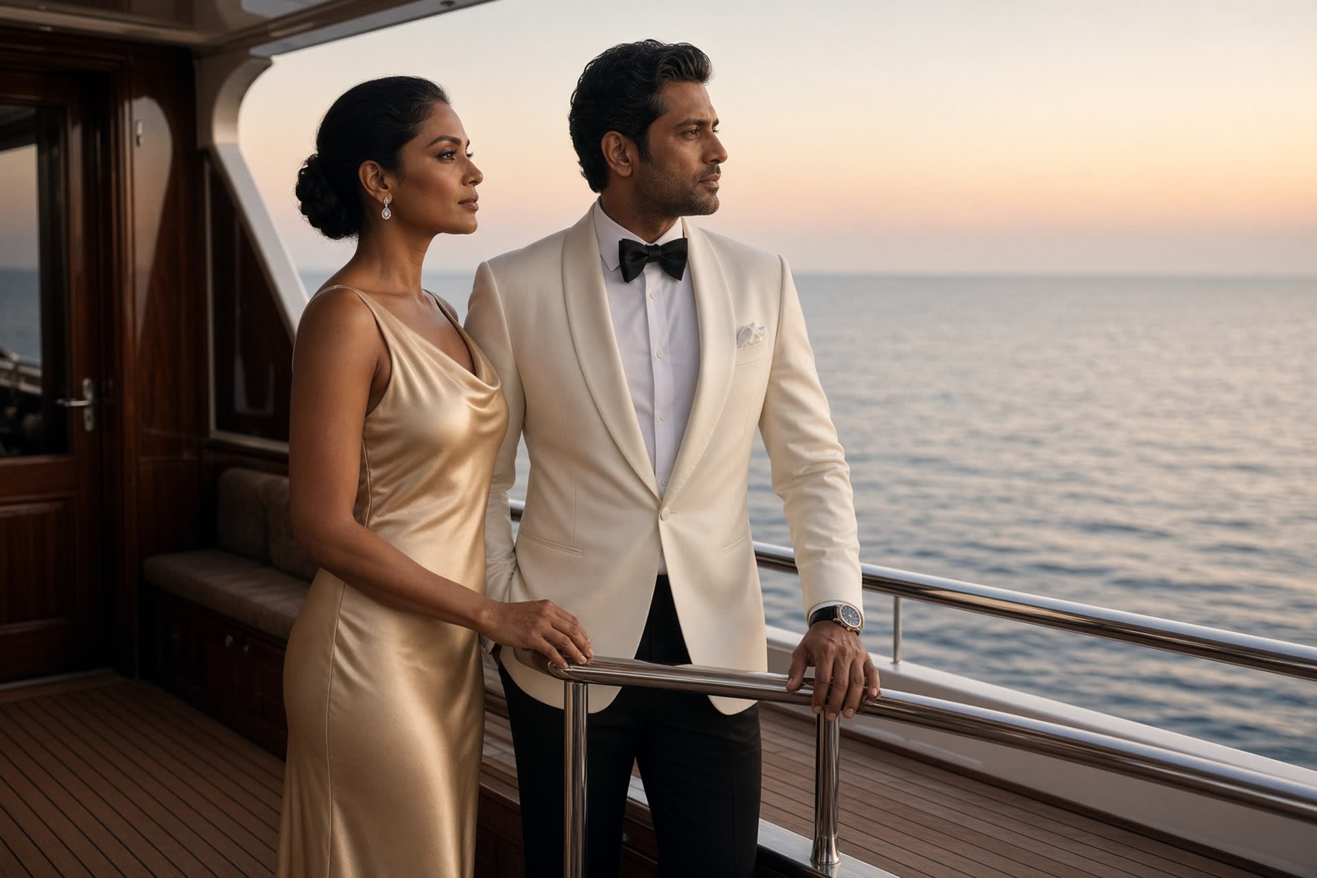 An Indian couple in couture on the private deck of a yacht at first light, a champagne silk gown and an ivory dinner jacket, a calm sea.