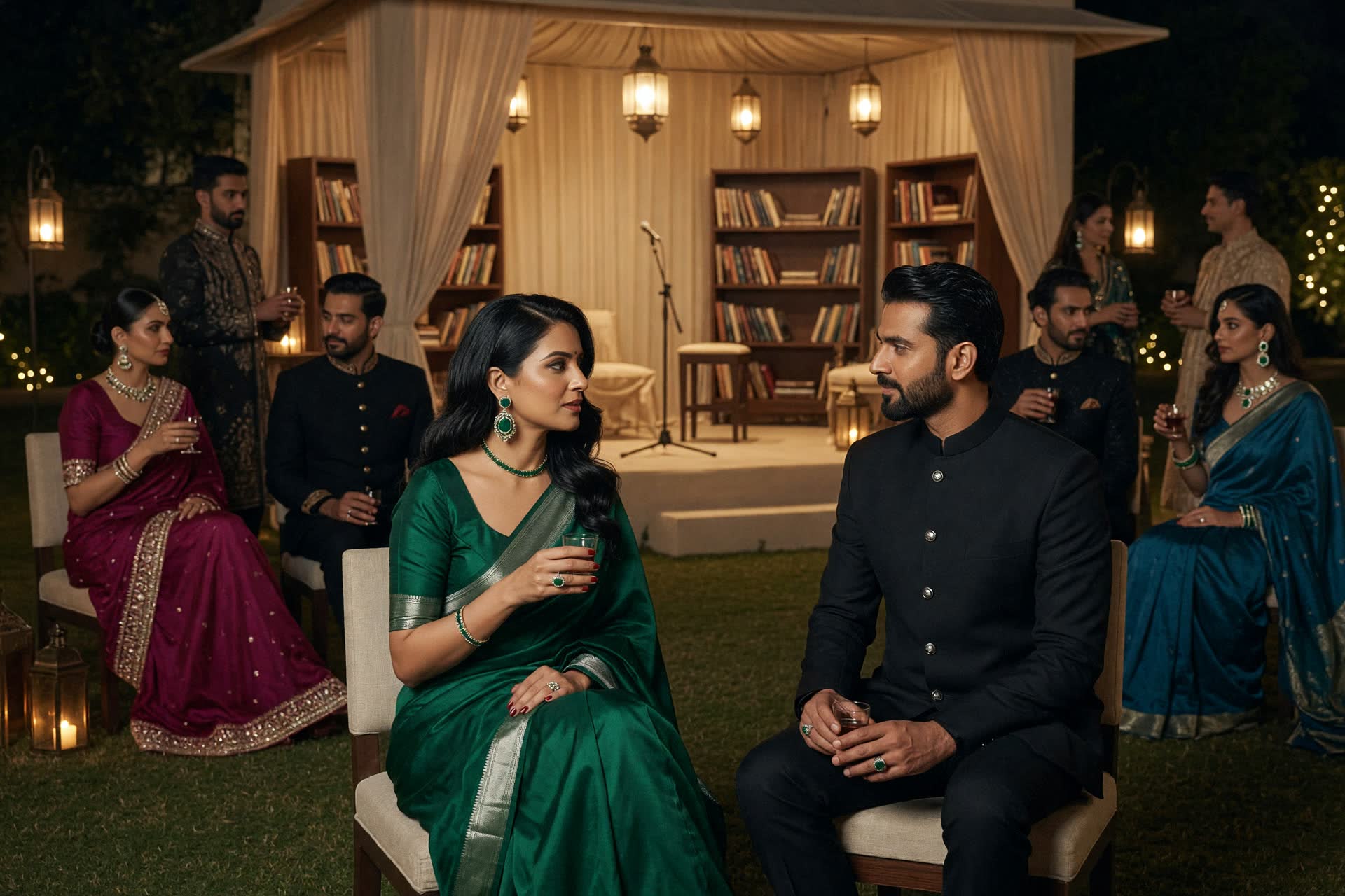 Beautiful Indian patrons in couture at a private book festival on a heritage lawn at night, lanterns and a small unlettered stage.