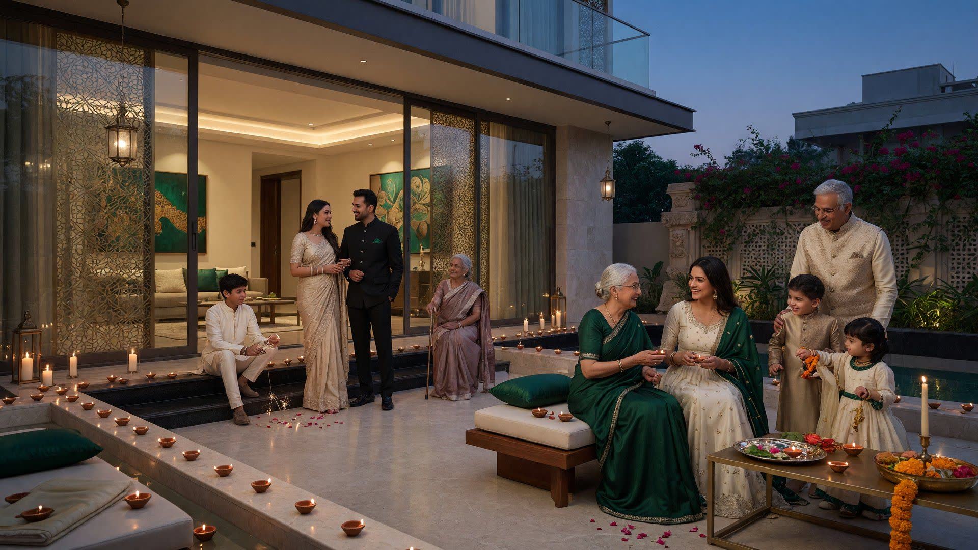 A sophisticated Indian family celebrating Diwali in a contemporary private residence, warm diya light on a stone courtyard, three generations at ease.