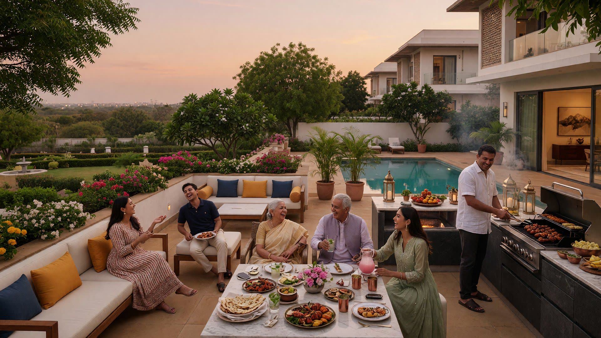 An affluent Indian family at a private farmhouse barbecue at sunset — gardens, terrace and a still pool.