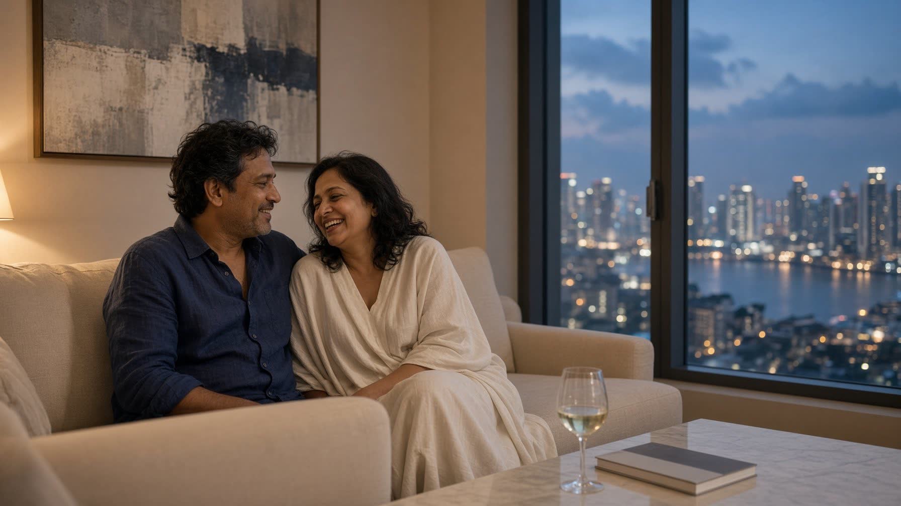 An affluent Indian couple at ease in a high-floor international apartment at blue hour, city lights beyond the glass.