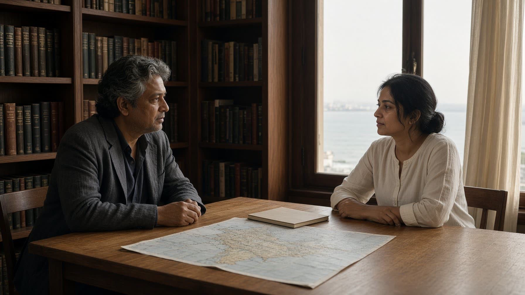 An Indian principal and a family member in conversation over papers in a private sea-facing library.