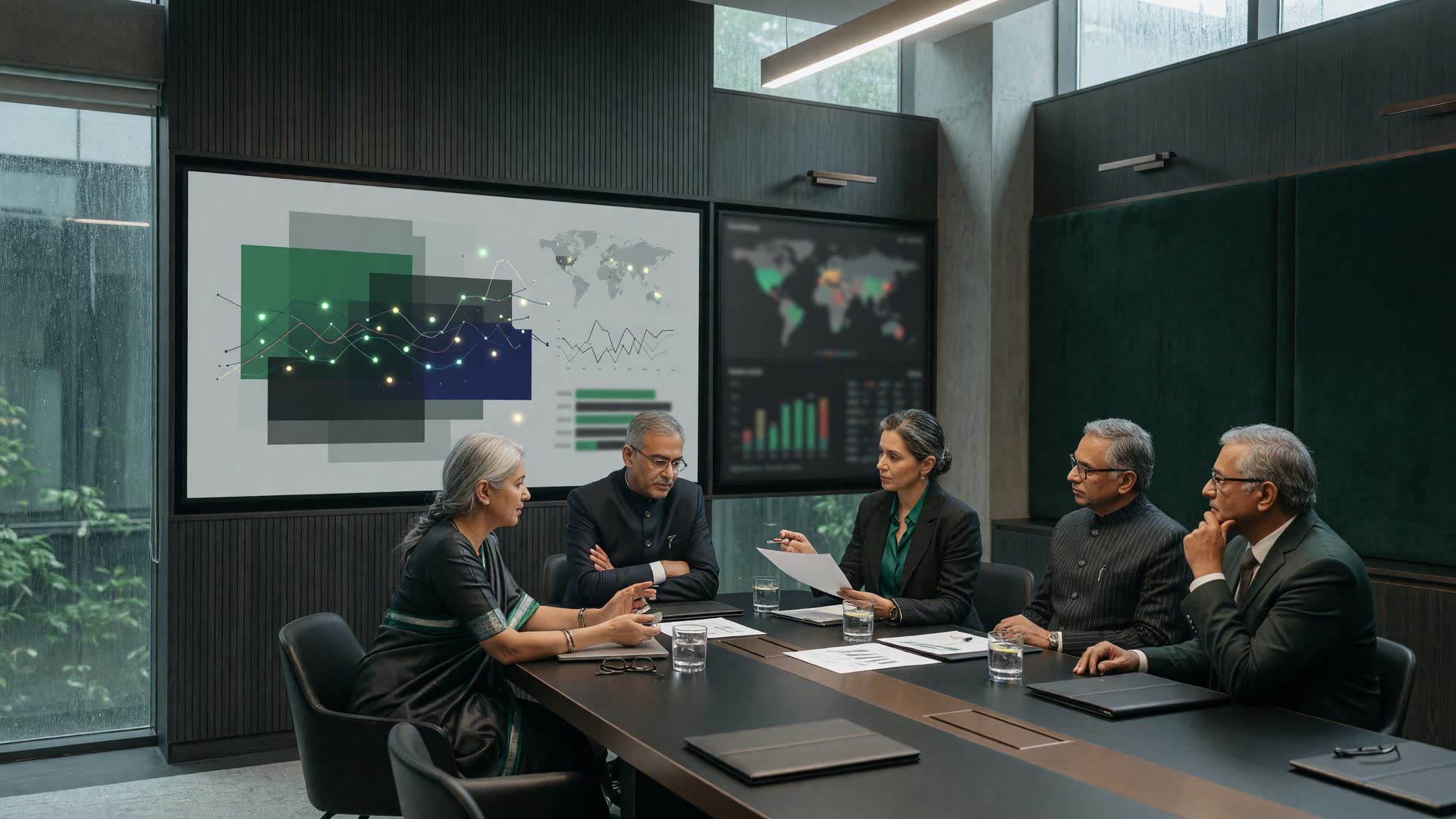 A calm Indian institutional investment committee around a long table, a large market visualisation on the wall, architectural glass beyond.