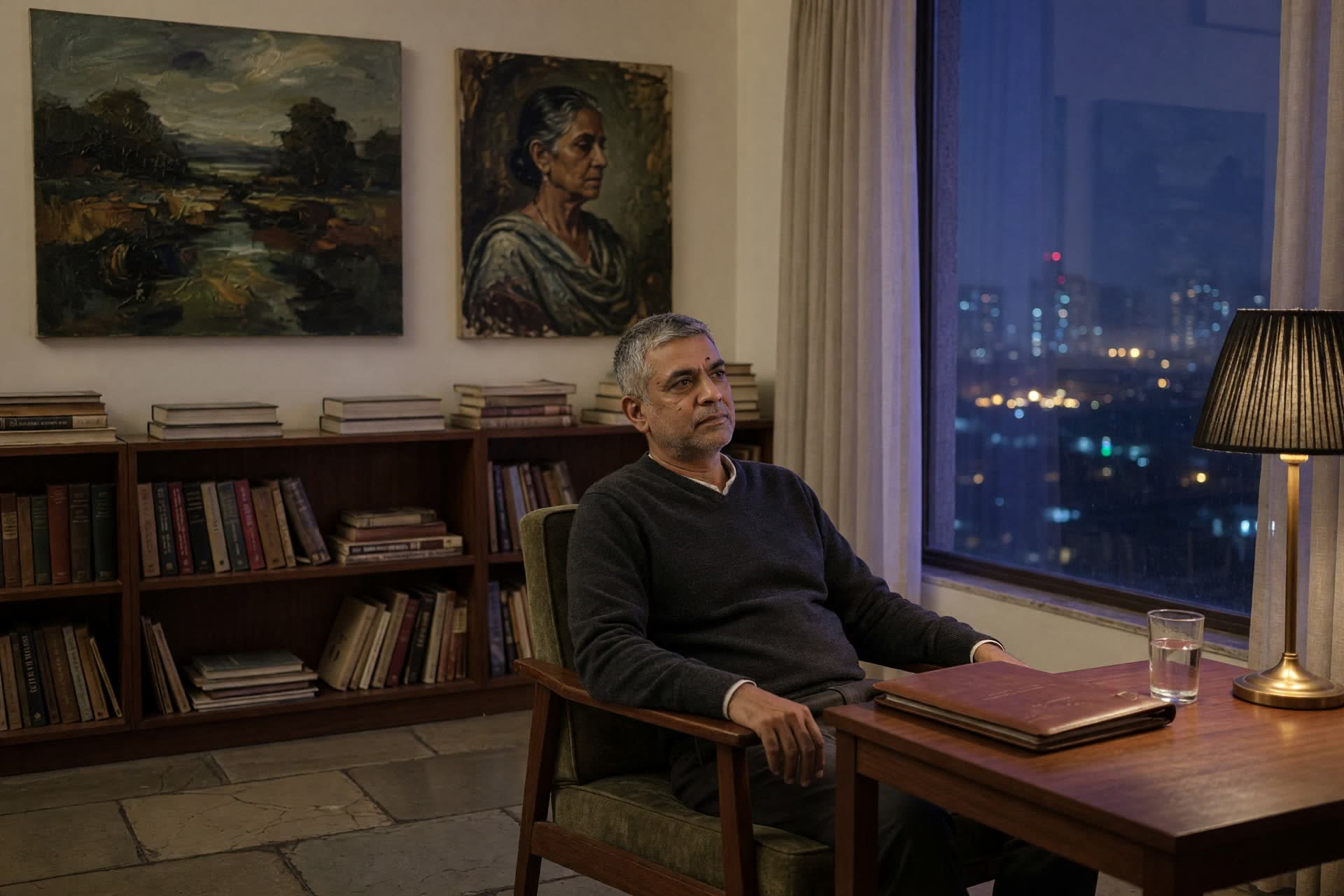 A senior Indian man in a dark suit reading alone in a private library at night, a lamp and tall shelves.