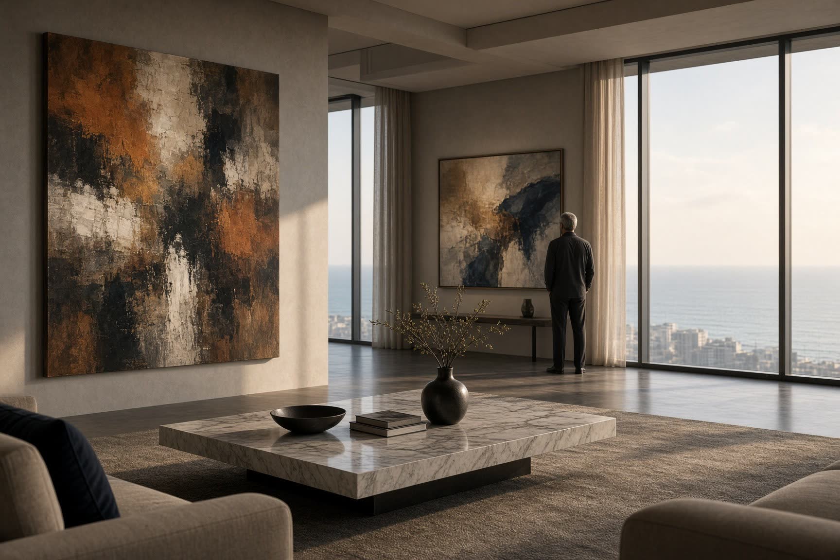 A private art collection in a contemporary Indian residence: large canvases, still air, late afternoon light.