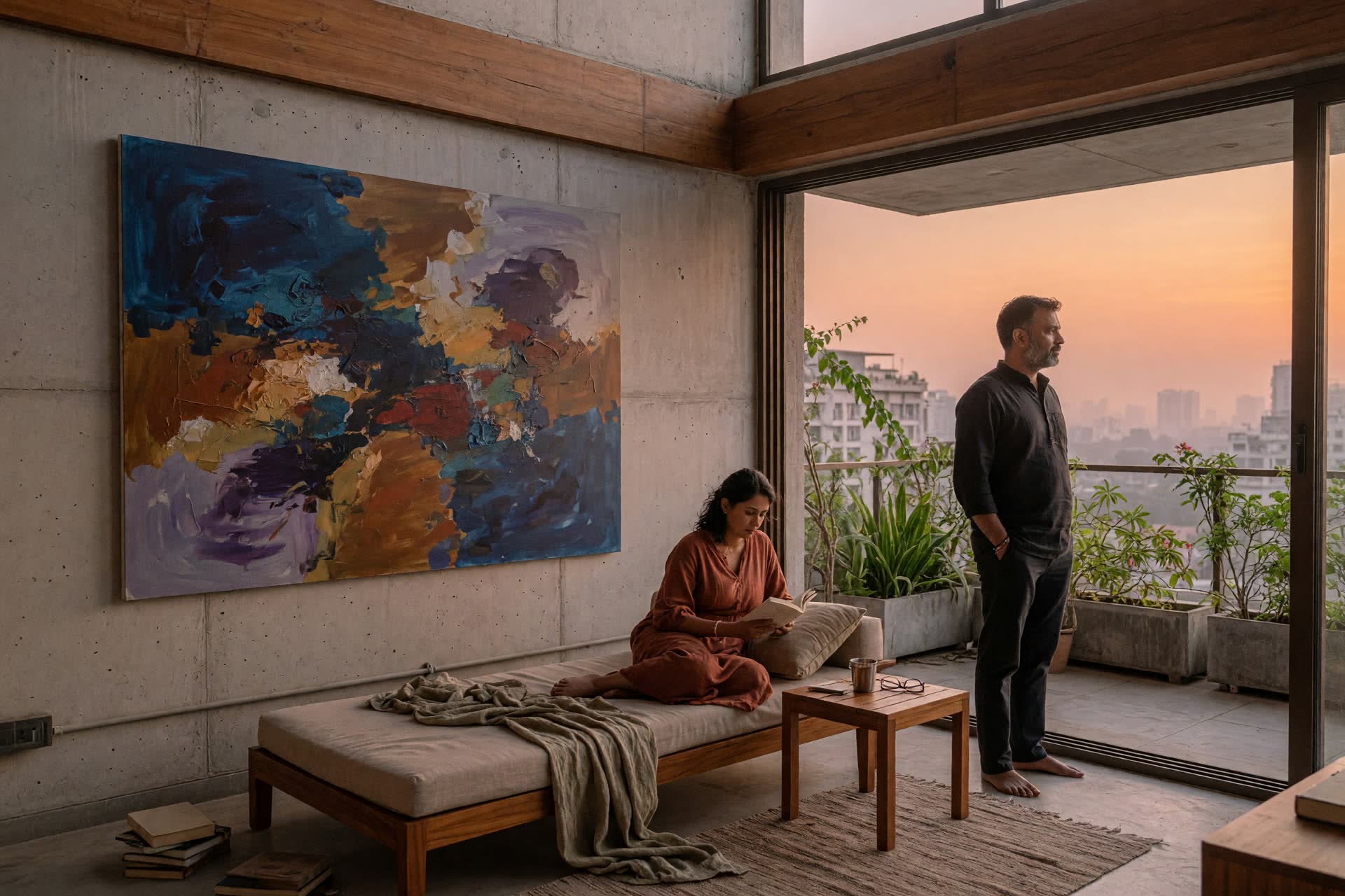 An Indian couple on the terrace of a private residence at golden hour, the sea beyond, the evening quiet.