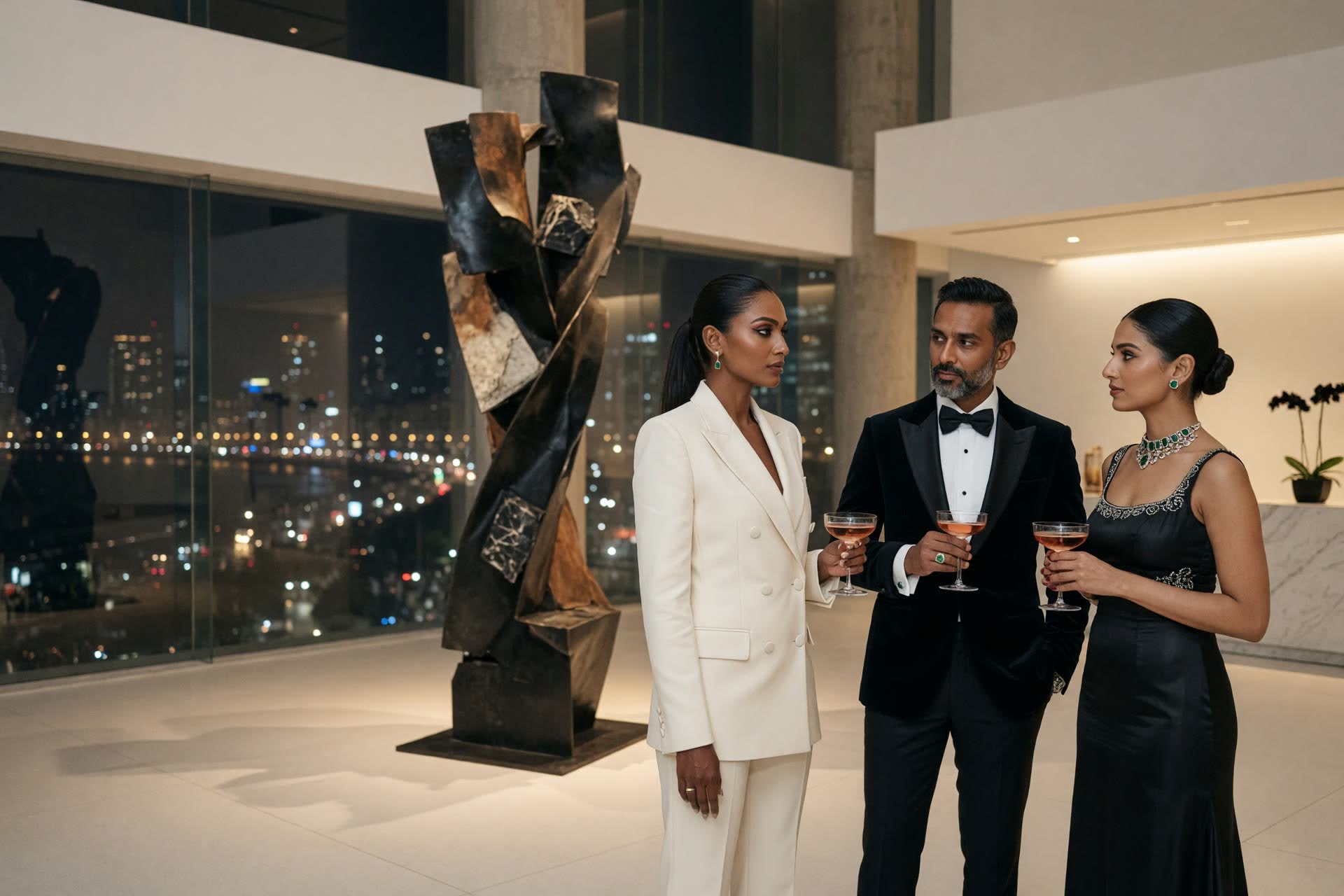 An Indian founder in an ivory suit at the opening of a new company, a white gallery at night, a monumental sculpture, city lights beyond the glass.
