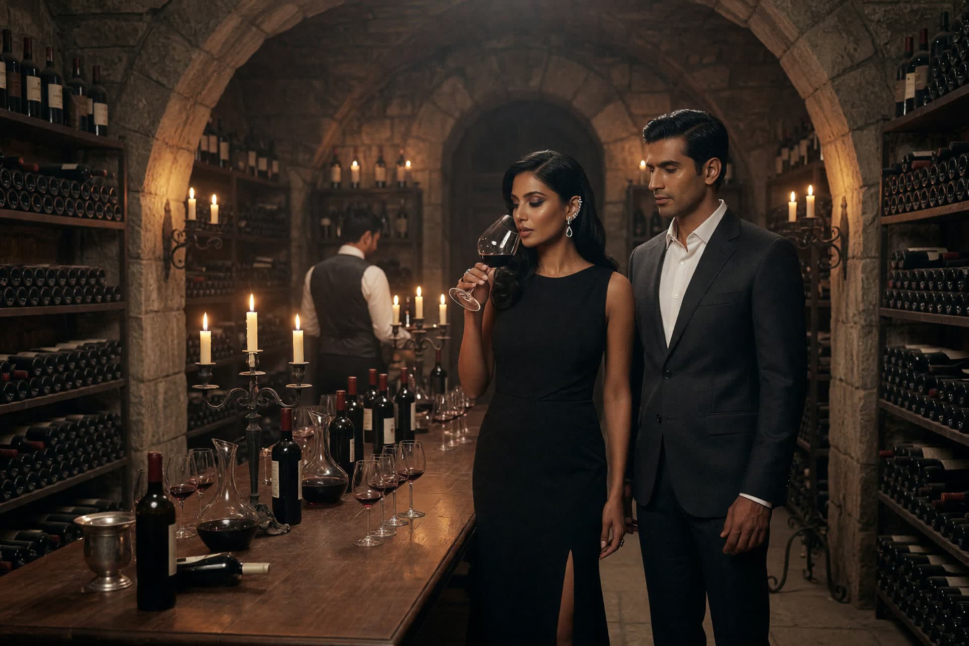 An Indian couple in evening clothes tasting wine in a vast private cellar, candlelight, thousands of bottles.